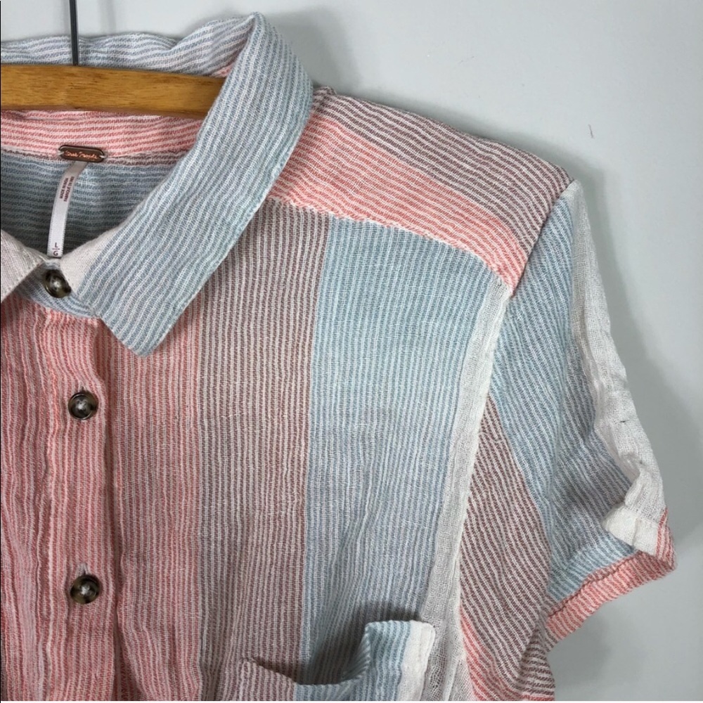 Free People Striped Pastel Button-Front Crop Shirt - Picture 2 of 7
